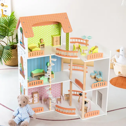 Großes Puppenhaus Holz – Offenes Spielhaus mit Balkon & 3 Etagen