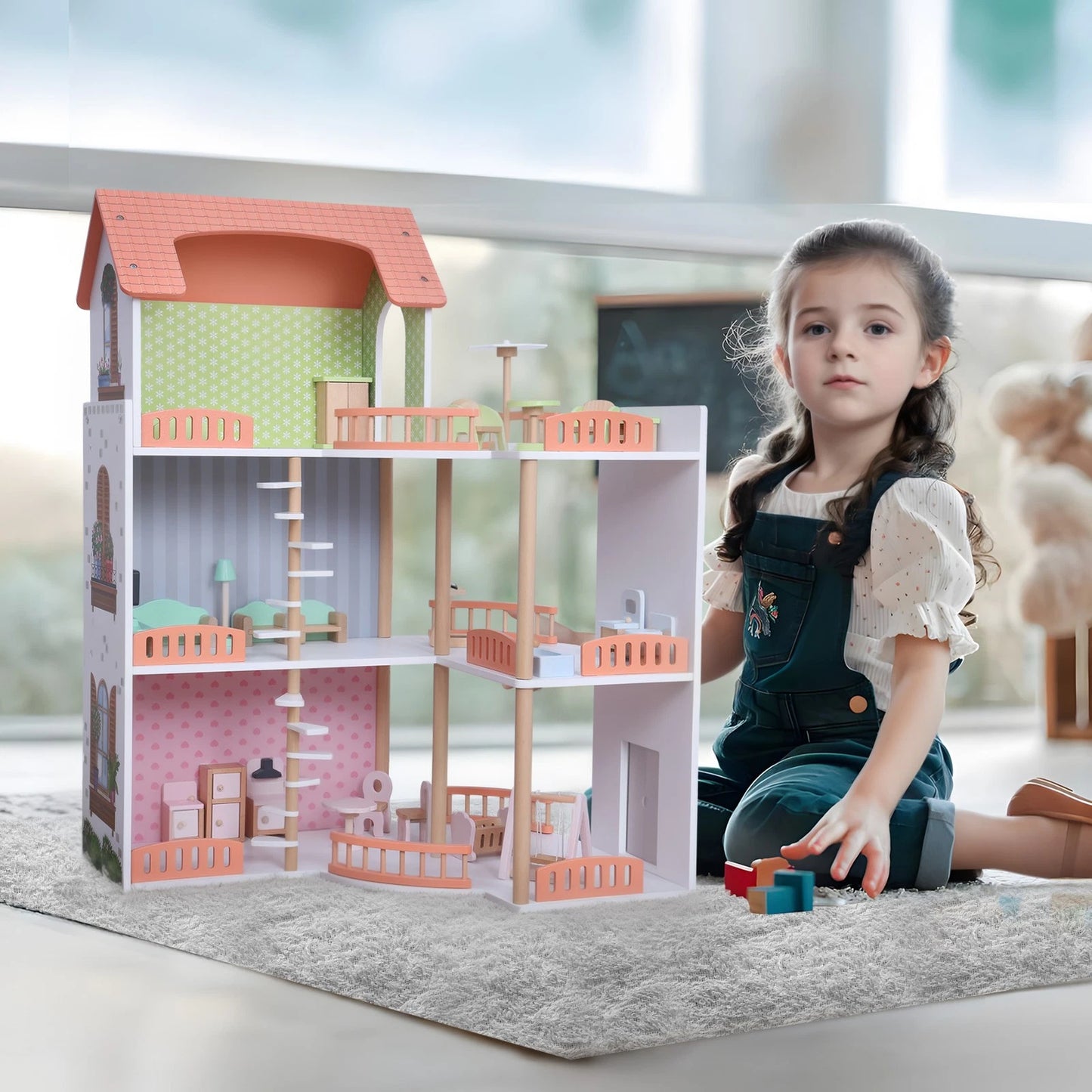 Großes Puppenhaus Holz – Offenes Spielhaus mit Balkon & 3 Etagen