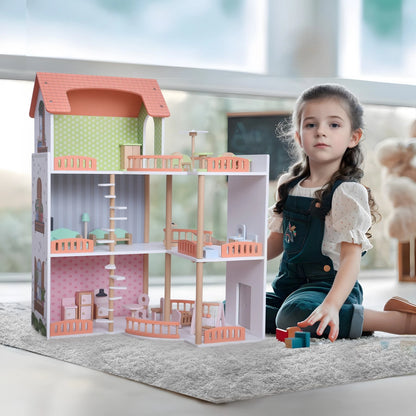 Großes Puppenhaus Holz – Offenes Spielhaus mit Balkon & 3 Etagen