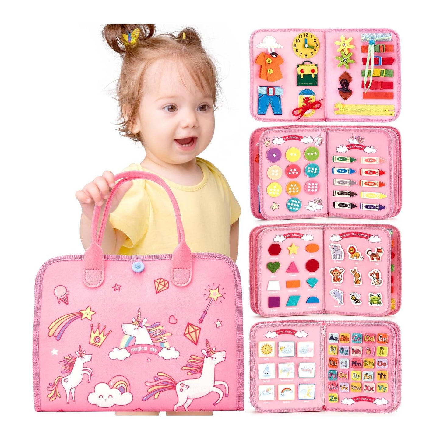 Tableau d'activités/Livre silencieux Montessori 8 faces – Licorne