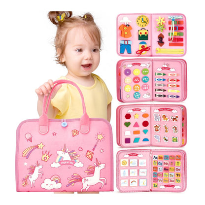 Tableau d'activités/Livre silencieux Montessori 8 faces – Licorne