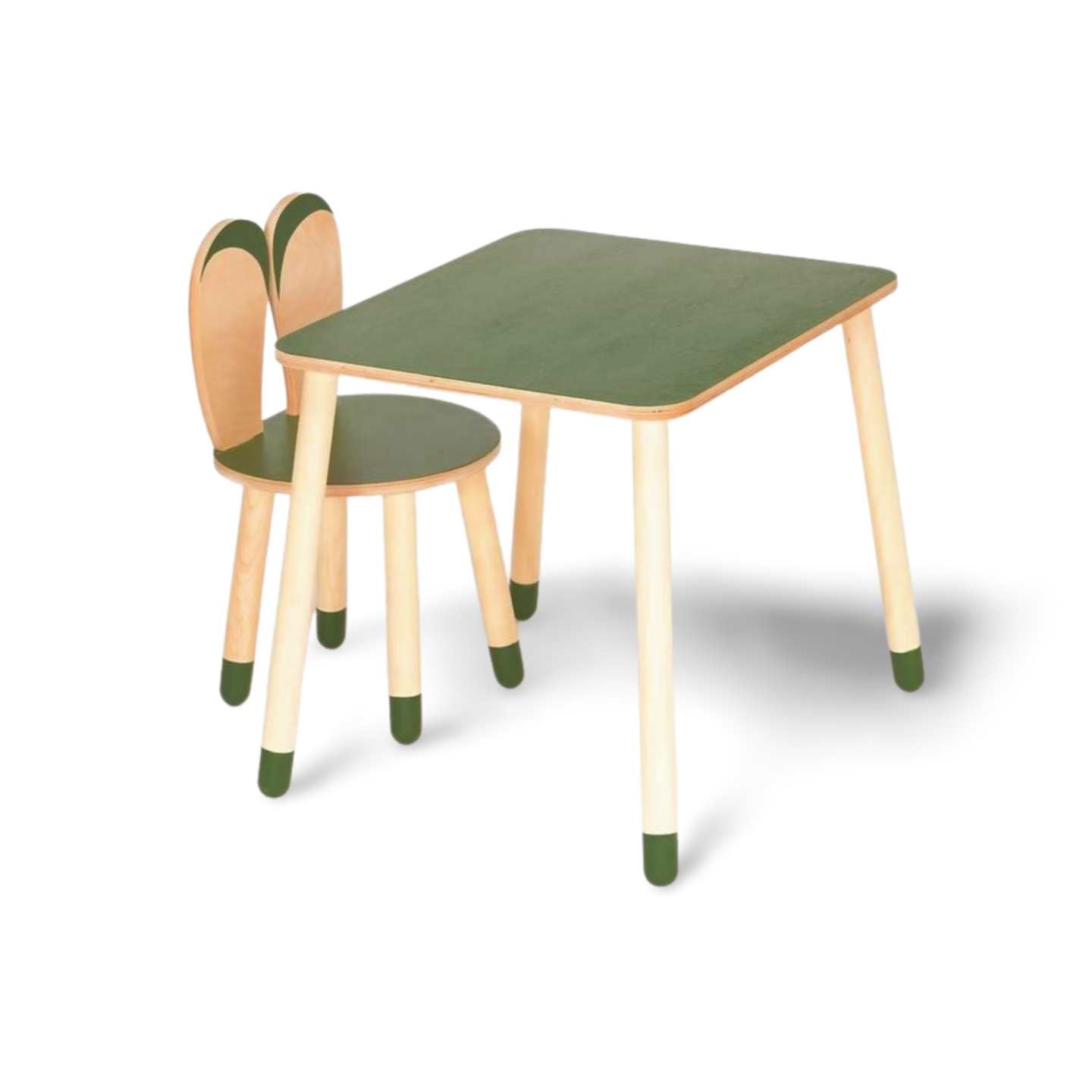 Montessori barnbord och stol set i trä – kanindesign