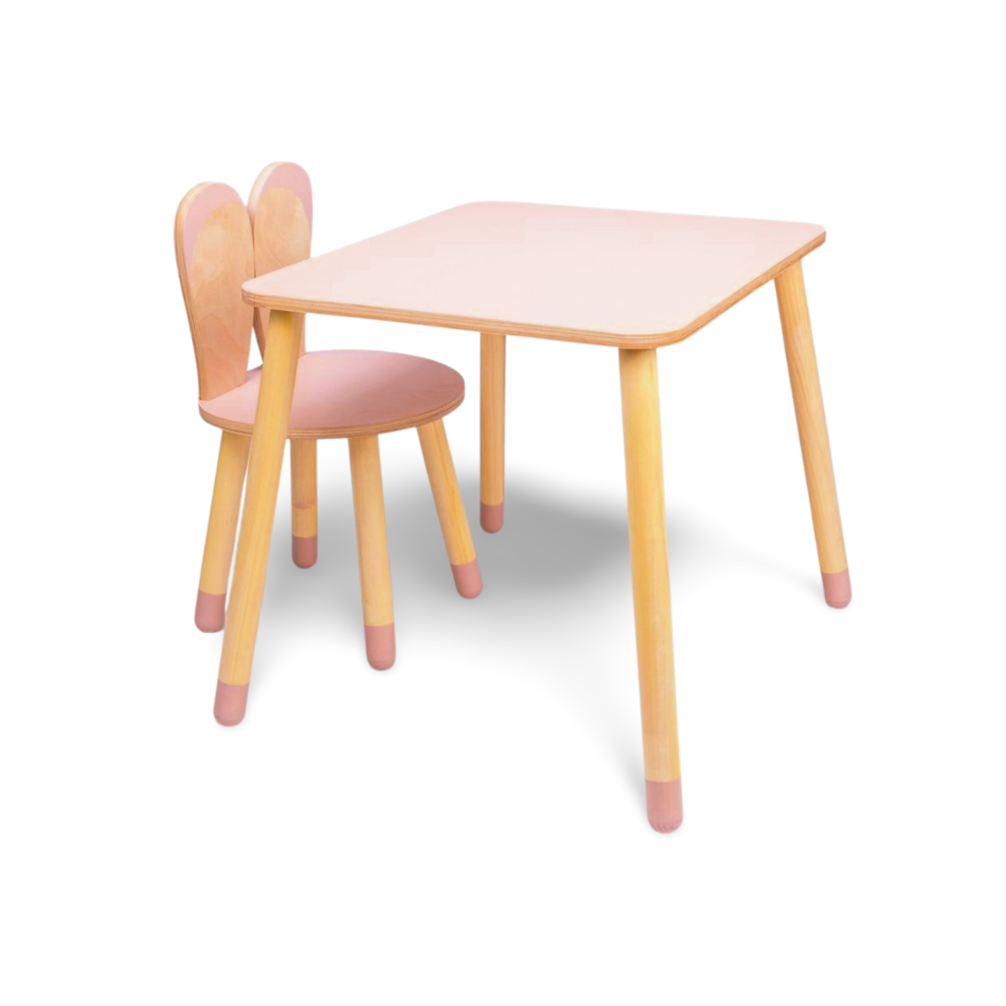 Montessori barnbord och stol set i trä – kanindesign