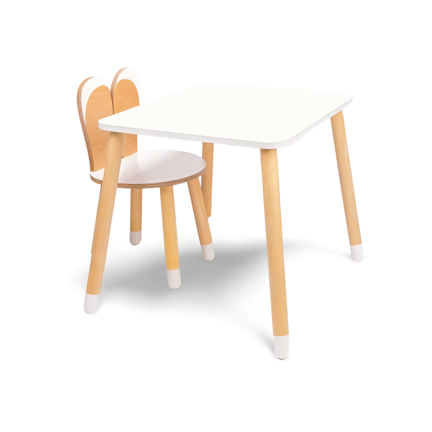Montessori barnbord och stol set i trä – kanindesign