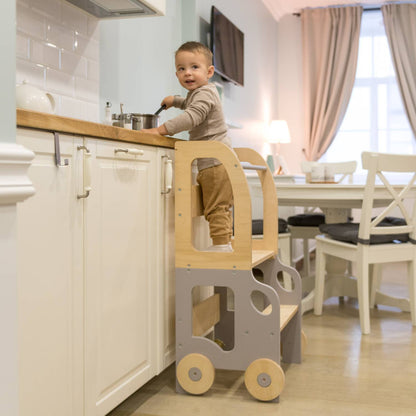 Montessori Learning Tower 3-in-1 – Kitchen Helper, Table & Chair in Car Design