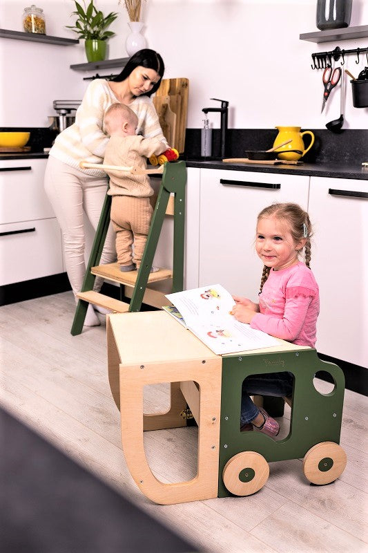 Montessori Learning Tower 3-in-1 – Kitchen Helper, Table & Chair in Car Design