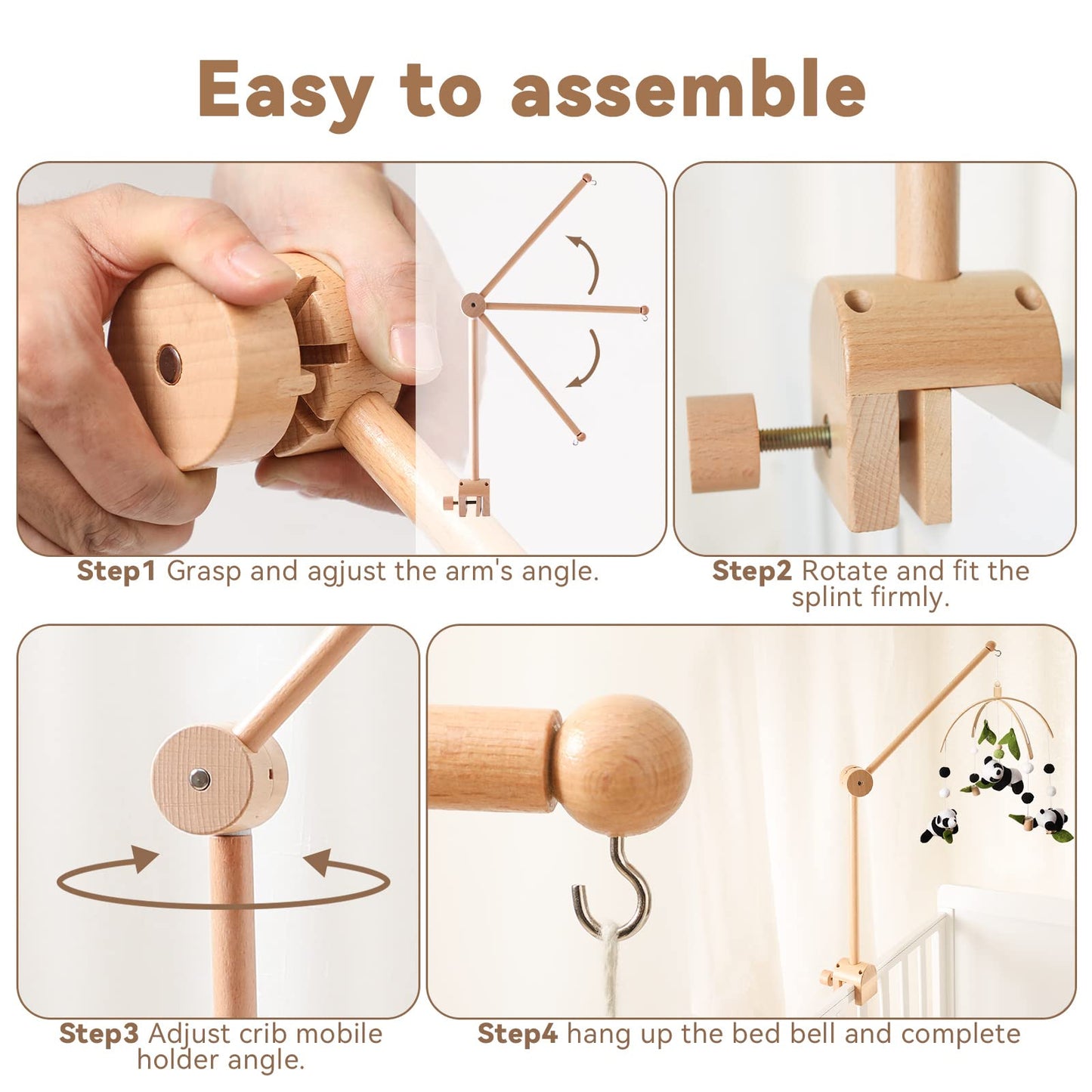 Holz-Mobile-Halter fürs Babybett, 360° drehbar, naturbelassenes Buchenholz