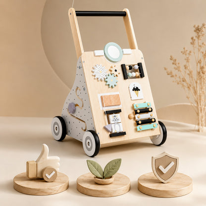 Kleinkind schiebt Montessori Lauflernwagen in einem hellen Kinderzimmer