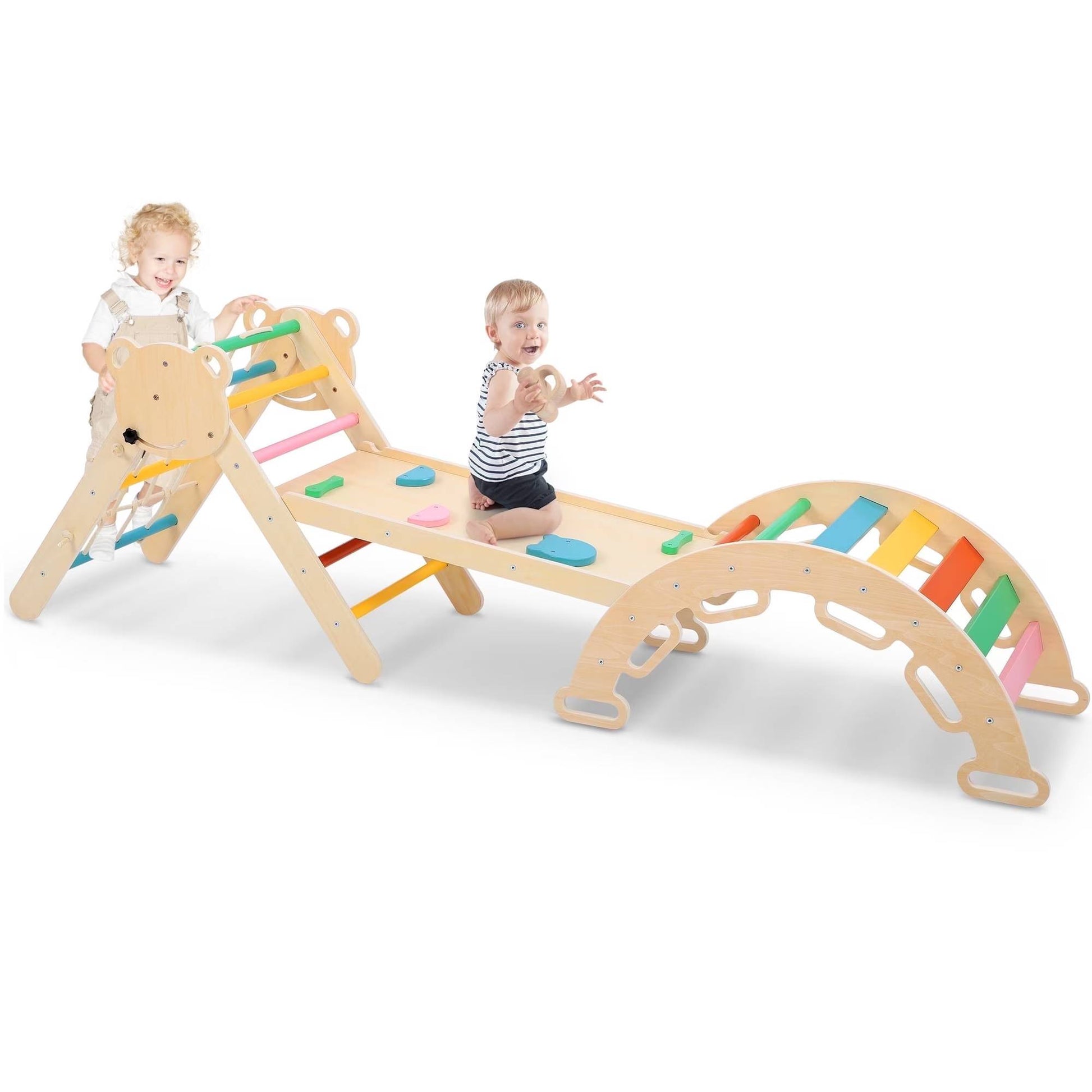 Pikler Kletterdreieck 3 in 1 aus Holz mit Bärendesign und Rutsche