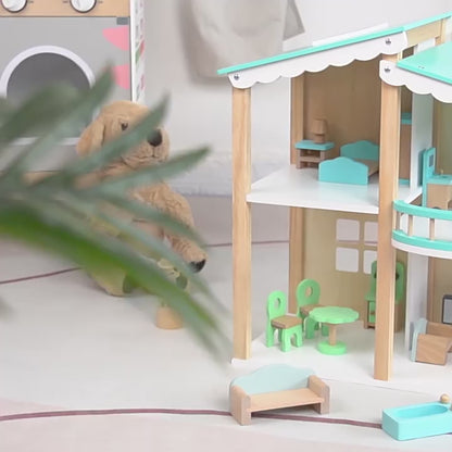 Maison de poupée rose 3 étages – maison de jeu avec meubles pour enfants