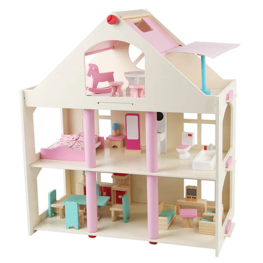 Montessori houten poppenhuis – 3 verdiepingen villa met meubels (groot formaat)