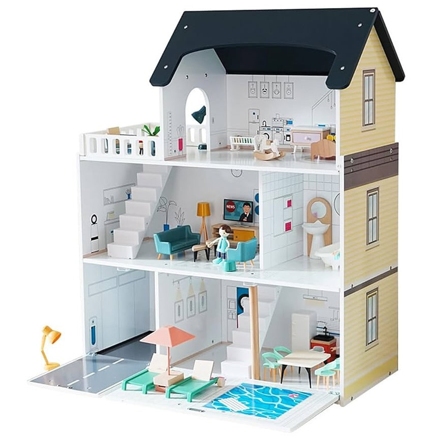 Maison de poupée Montessori en bois – villa 3 étages avec garage et meubles (XXL)