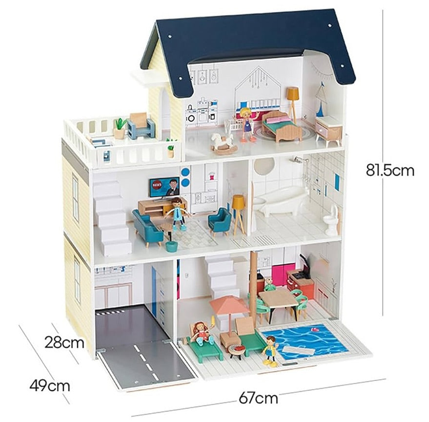 Maison de poupée Montessori en bois – villa 3 étages avec garage et meubles (XXL)
