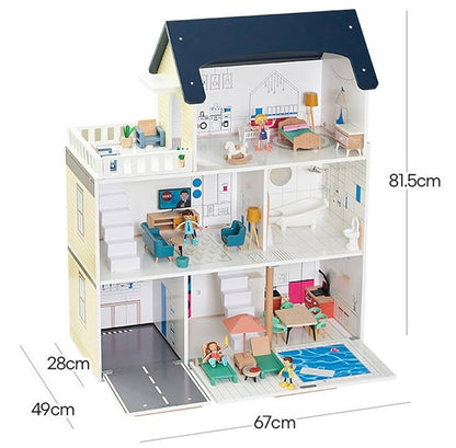 Maison de poupée Montessori en bois – villa 3 étages avec garage et meubles (XXL)