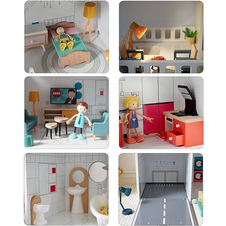 Maison de poupée Montessori en bois – villa 3 étages avec garage et meubles (XXL)