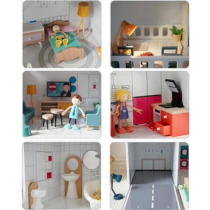 Maison de poupée Montessori en bois – villa 3 étages avec garage et meubles (XXL)