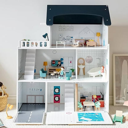 Maison de poupée Montessori en bois – villa 3 étages avec garage et meubles (XXL)
