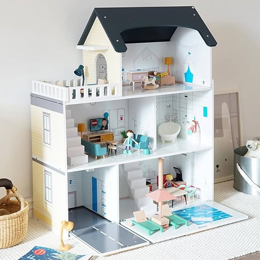 Maison de poupée Montessori en bois – villa 3 étages avec garage et meubles (XXL)