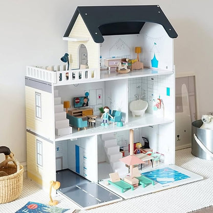 Maison de poupée Montessori en bois – villa 3 étages avec garage et meubles (XXL)