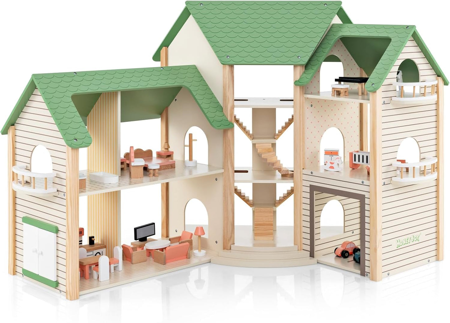Maison de poupée Montessori en bois – villa de jeu extensible avec 3 maisons et meubles