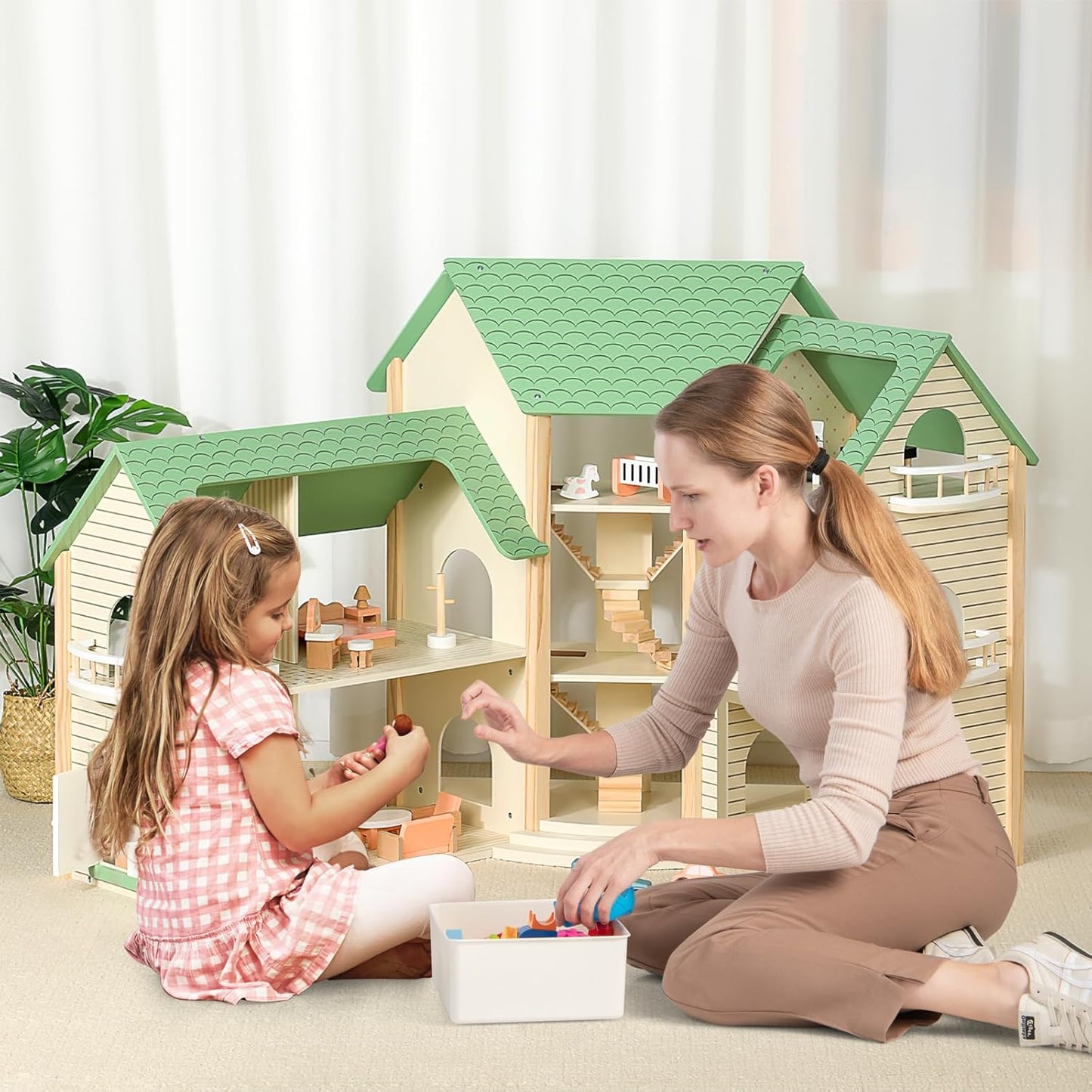 Maison de poupée Montessori en bois – villa de jeu extensible avec 3 maisons et meubles