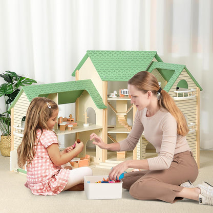 Maison de poupée Montessori en bois – villa de jeu extensible avec 3 maisons et meubles