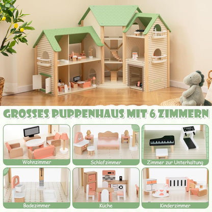 Maison de poupée Montessori en bois – villa de jeu extensible avec 3 maisons et meubles