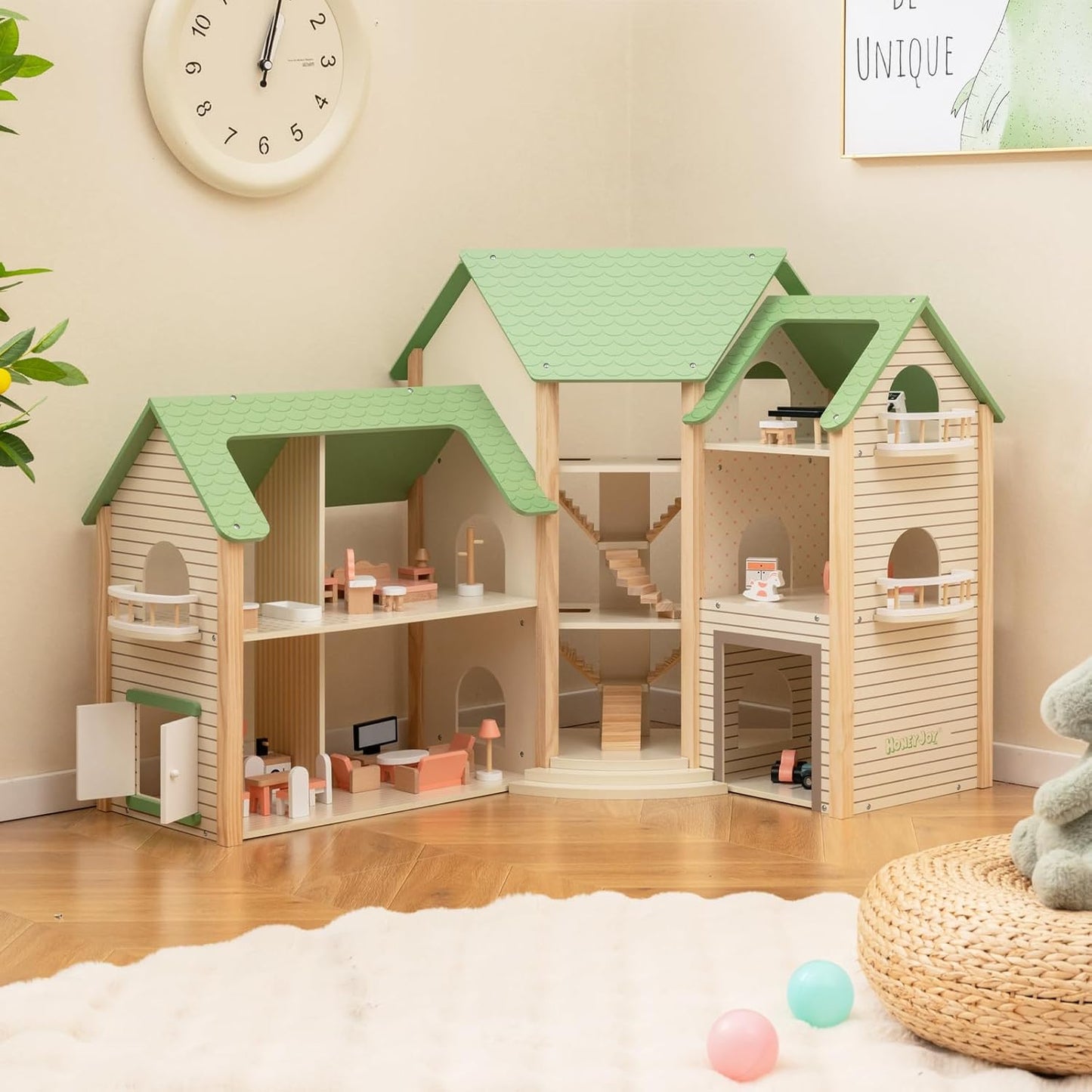 Maison de poupée Montessori en bois – villa de jeu extensible avec 3 maisons et meubles