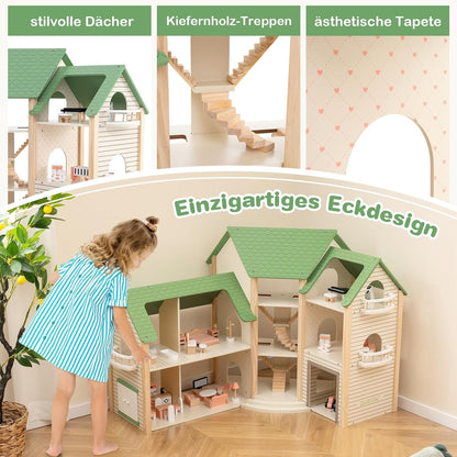 Maison de poupée Montessori en bois – villa de jeu extensible avec 3 maisons et meubles
