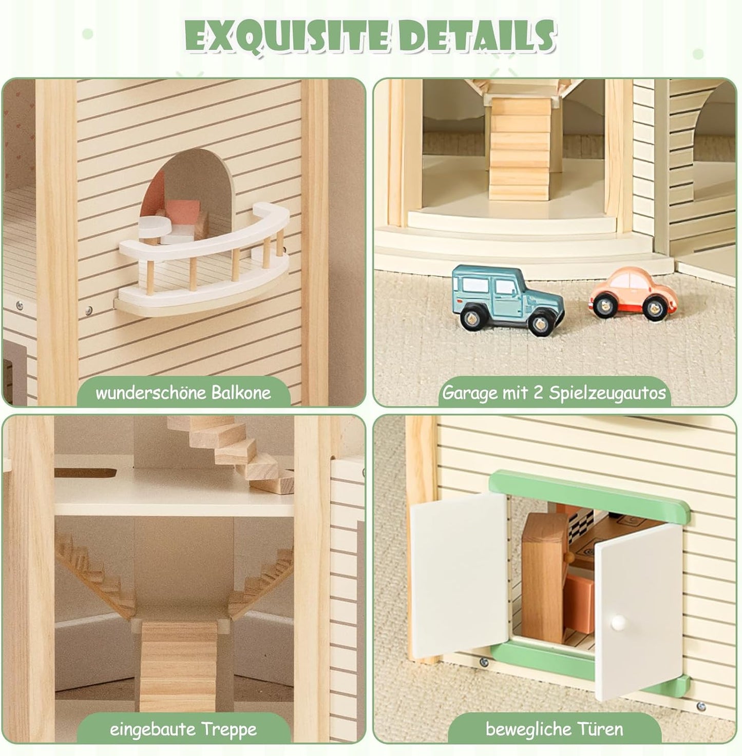Maison de poupée Montessori en bois – villa de jeu extensible avec 3 maisons et meubles