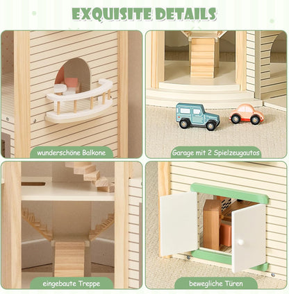 Maison de poupée Montessori en bois – villa de jeu extensible avec 3 maisons et meubles