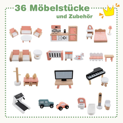 Maison de poupée Montessori en bois – villa de jeu extensible avec 3 maisons et meubles