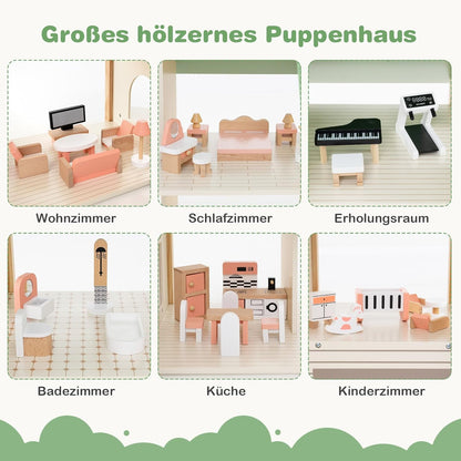 Maison de poupée Montessori en bois – villa de jeu extensible avec 3 maisons et meubles