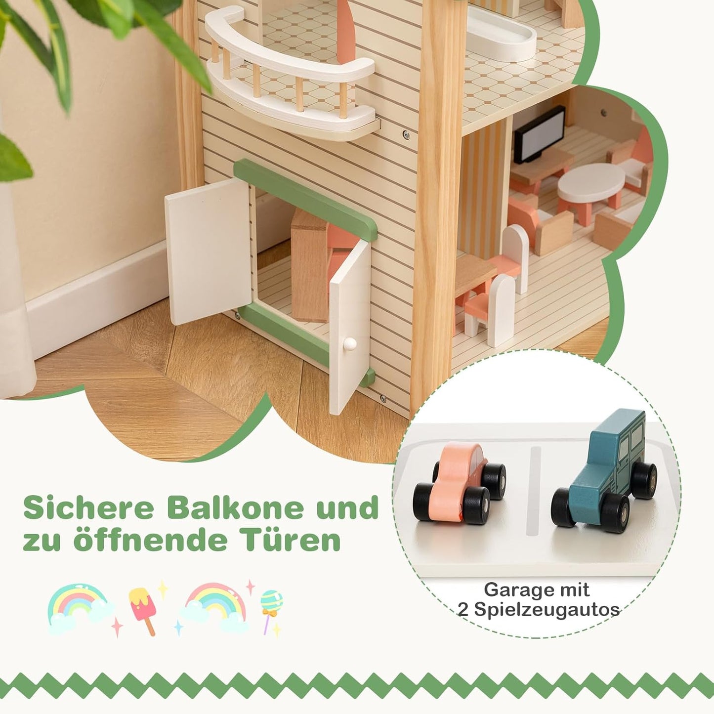 Maison de poupée Montessori en bois – villa de jeu extensible avec 3 maisons et meubles