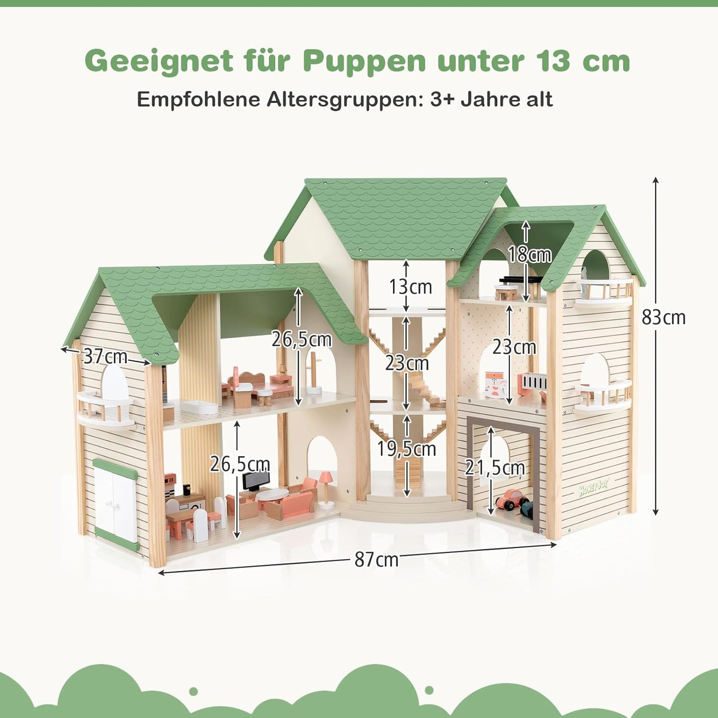 Maison de poupée Montessori en bois – villa de jeu extensible avec 3 maisons et meubles