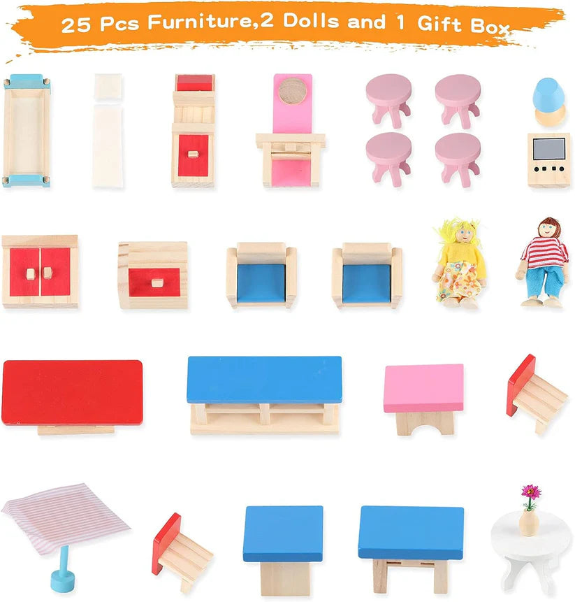 Maison de poupée Montessori en bois – maison de jeu ouverte avec meubles