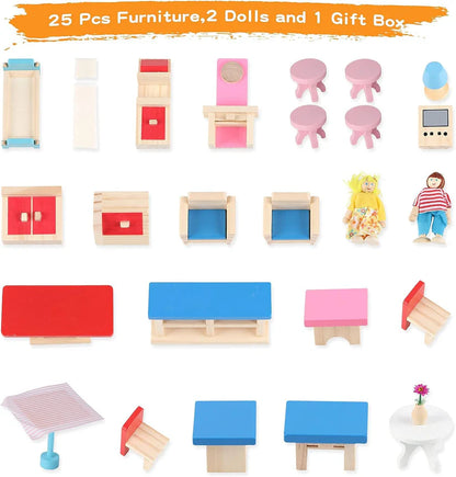 Maison de poupée Montessori en bois – maison de jeu ouverte avec meubles