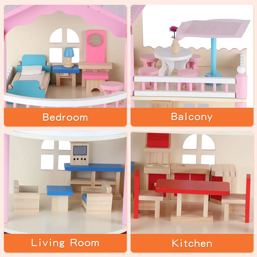 Maison de poupée Montessori en bois – maison de jeu ouverte avec meubles