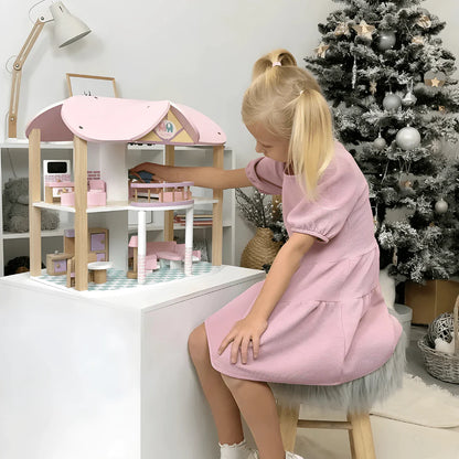 Maison de poupée rose 3 étages – maison de jeu avec meubles pour enfants