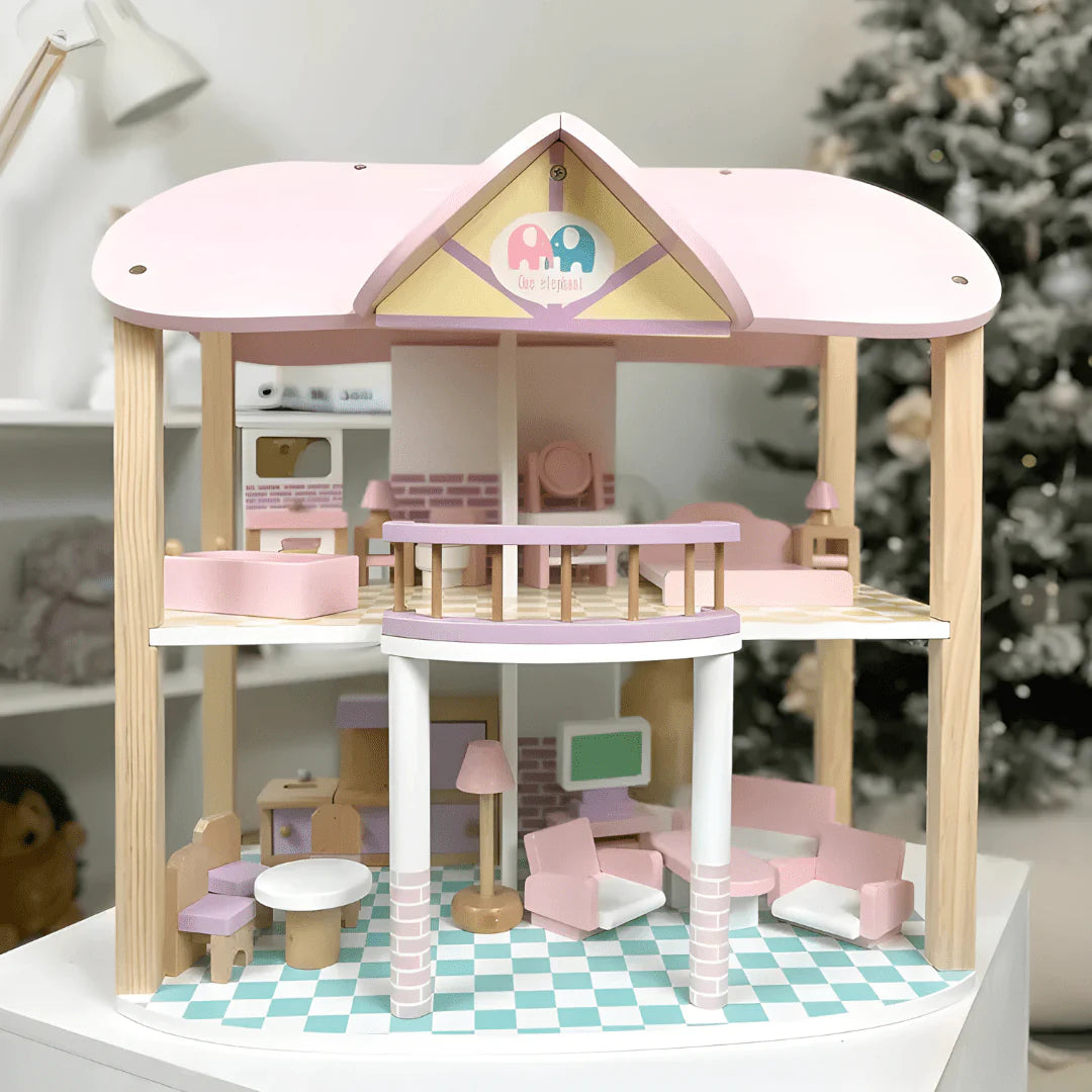 Maison de poupée rose 3 étages – maison de jeu avec meubles pour enfants