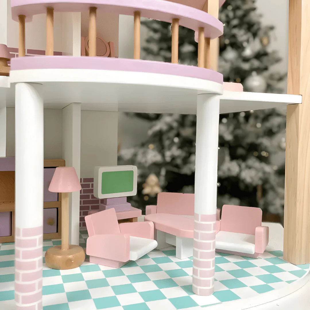 Maison de poupée rose 3 étages – maison de jeu avec meubles pour enfants