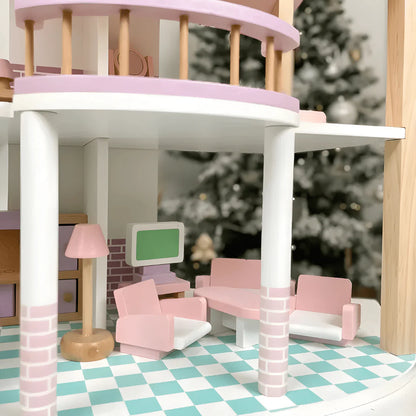 Maison de poupée rose 3 étages – maison de jeu avec meubles pour enfants