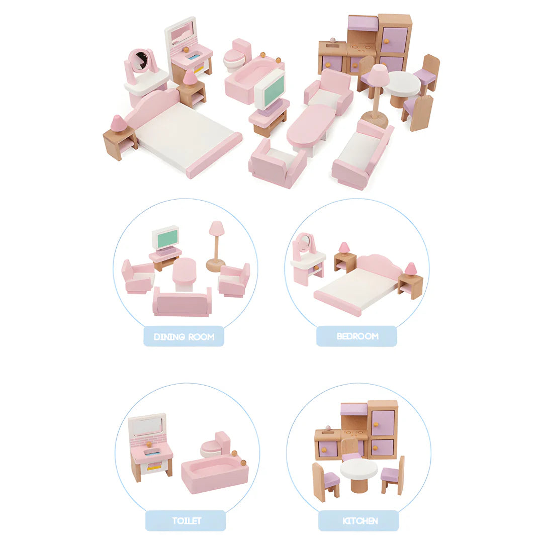 Maison de poupée rose 3 étages – maison de jeu avec meubles pour enfants