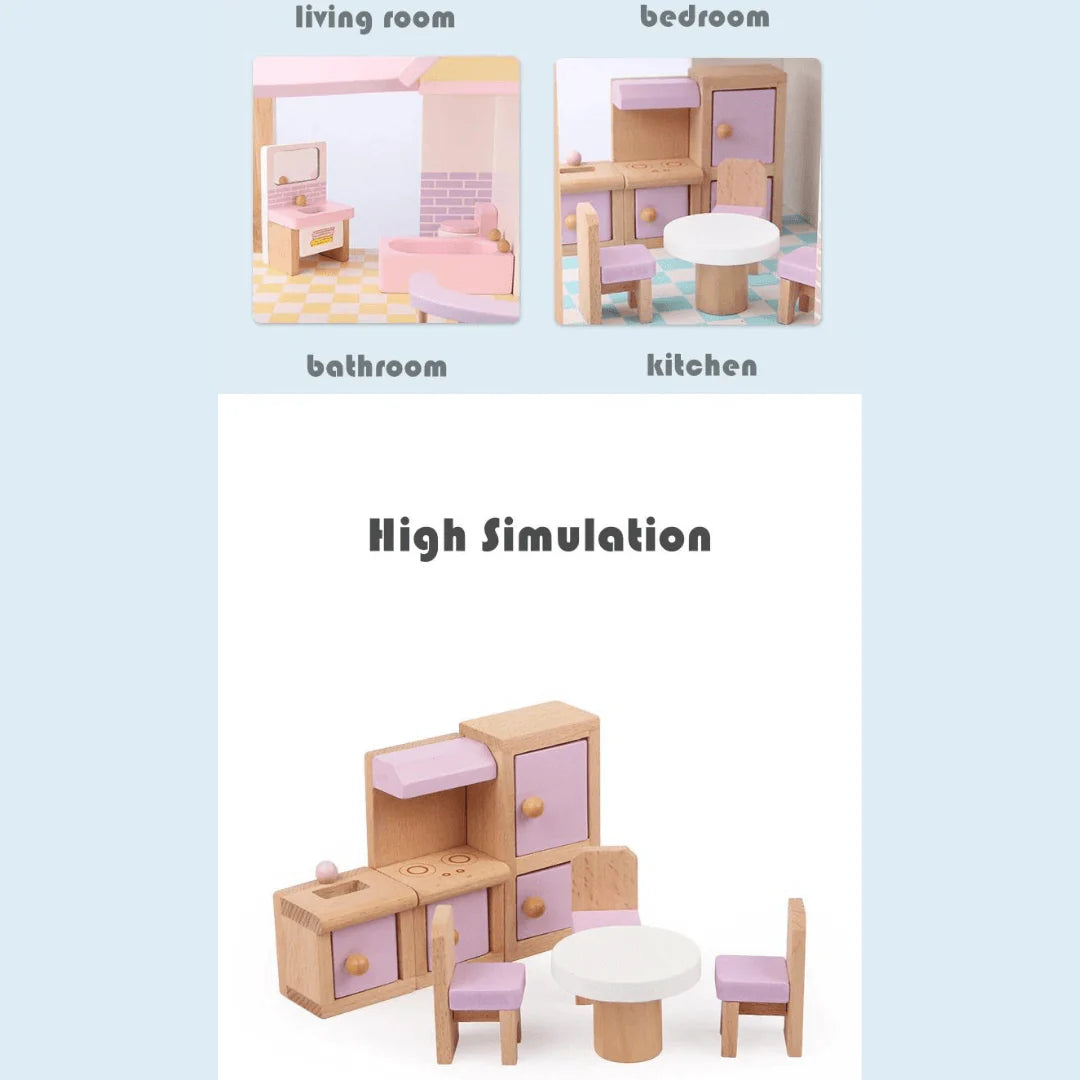Maison de poupée rose 3 étages – maison de jeu avec meubles pour enfants