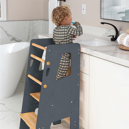 Wooden learning tower designed for toddlers to participate in daily activities
